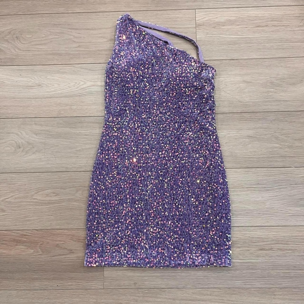 Lavender Sequin One Shoulder Mini Dress Women‎ 4 Y2K Party Glam 2000s Festival